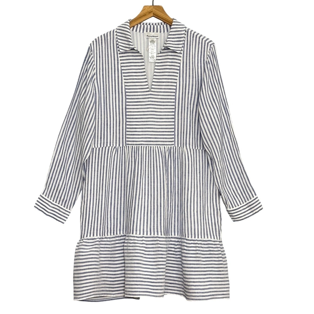 Tommy Bahama Women Dress L St Lucia Cover Up Blue White Linen Blend Tiered Tunic